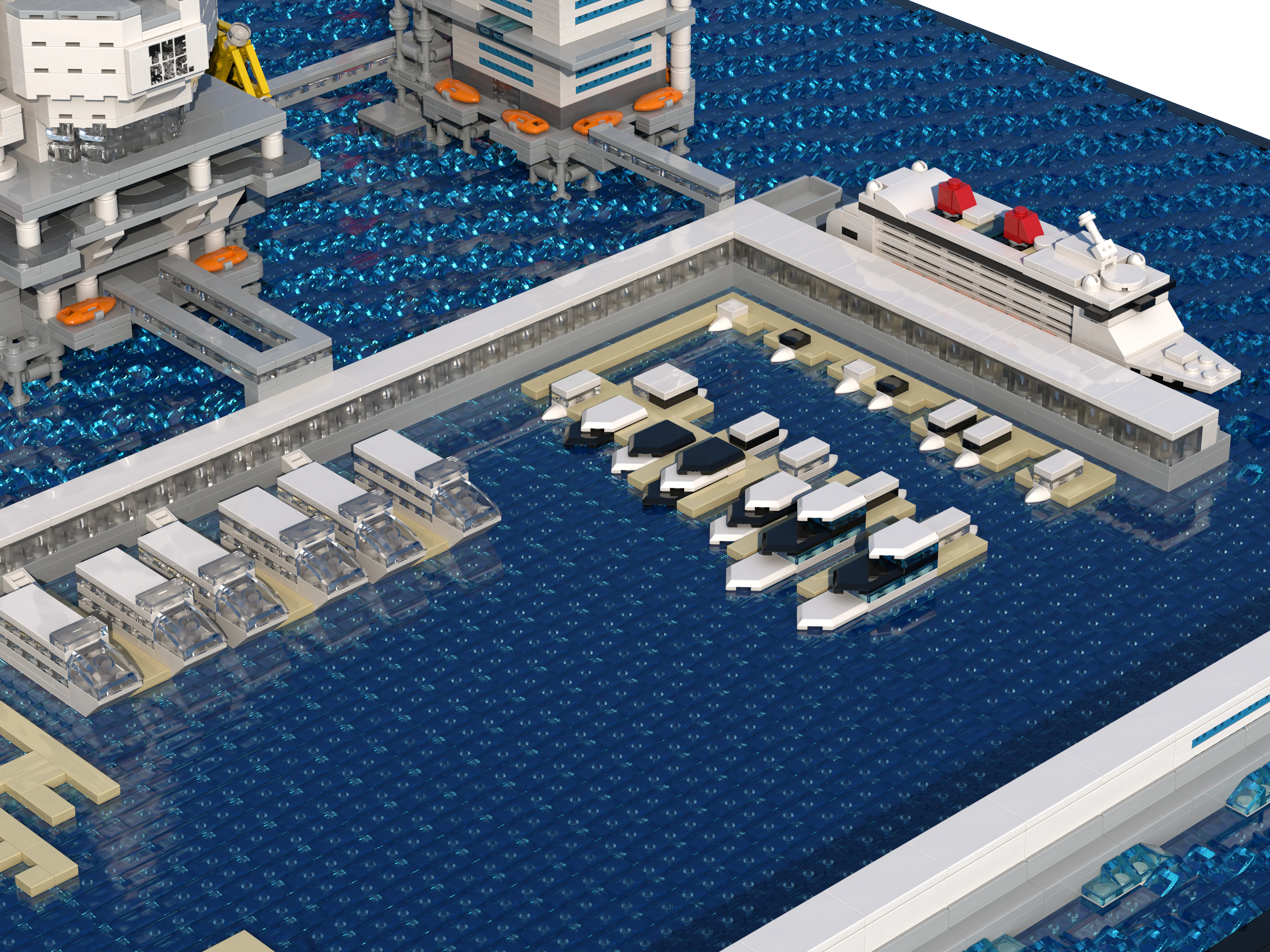 The marina of the LEGO model of The Rig, with houseboats, yachts and the cruise ship at the quay